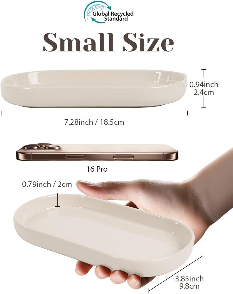 INGOFIN 7" Ceramic Bathroom Vanity Tray Set- 2 Pcs Bathroom Organizer Countertop Tray for Perfume, Jewelry, Small Kitchen Counter Soap Tray, Decorative for Bathroom Vanity and Toilet Tank, Beige - Image 2